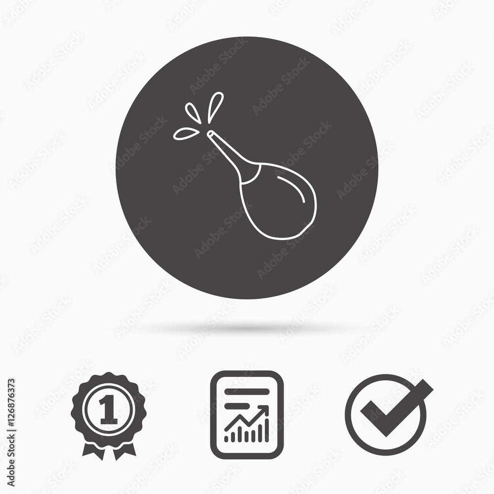 Medical clyster icon. Enema with water drops sign. Report document, winner award and tick. Round circle button with icon. Vector Medical clyster icon. Enema with water drops sign. Report document, winner award and tick. Round circle button with icon. Vector