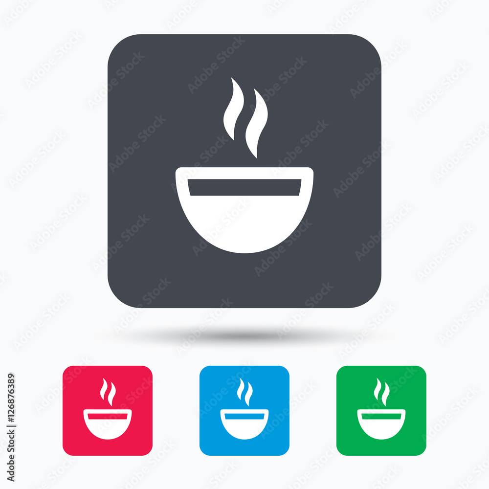 Coffee cup icon. Hot tea drink symbol. Colored square buttons with flat web icon. Vector Coffee cup icon. Hot tea drink symbol. Colored square buttons with flat web icon. Vector