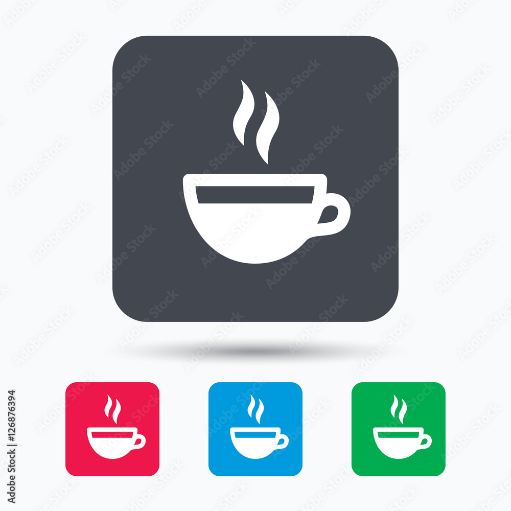 Coffee cup icon. Hot tea drink symbol. Colored square buttons with flat web icon. Vector Coffee cup icon. Hot tea drink symbol. Colored square buttons with flat web icon. Vector