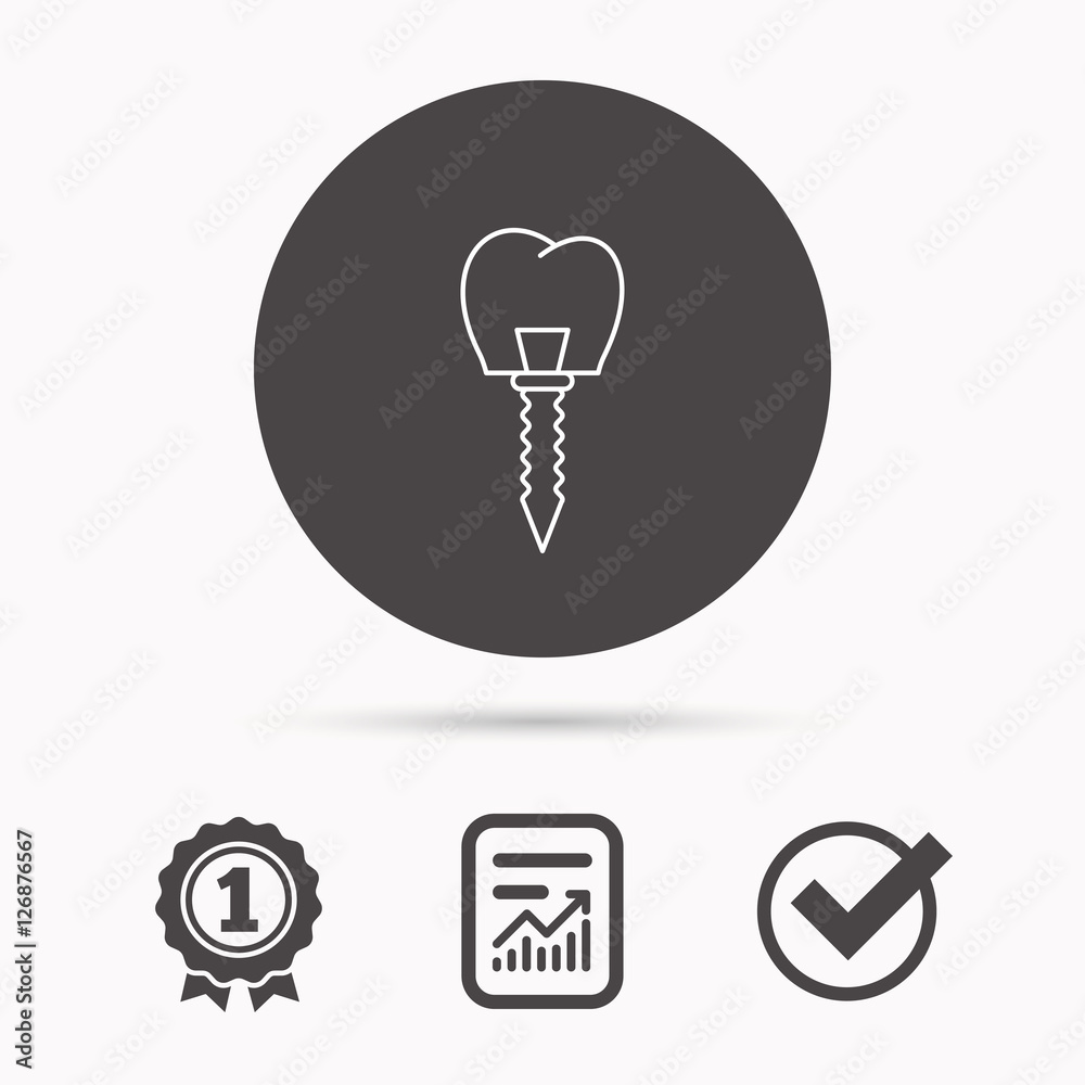 Dental implant icon. Oral prosthesis sign. Report document, winner award and tick. Round circle button with icon. Vector Dental implant icon. Oral prosthesis sign. Report document, winner award and tick. Round circle button with icon. Vector