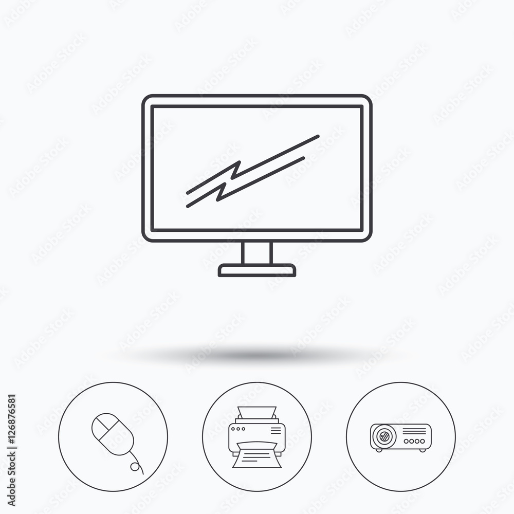 Monitor, printer and projector icons. PC mouse linear sign. Linear icons in circle buttons. Flat web symbols. Vector Monitor, printer and projector icons. PC mouse linear sign. Linear icons in circle buttons. Flat web symbols. Vector
