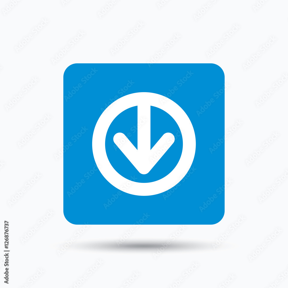Download icon. Load internet data symbol. Blue square button with flat web icon. Vector Download icon. Load internet data symbol. Blue square button with flat web icon. Vector