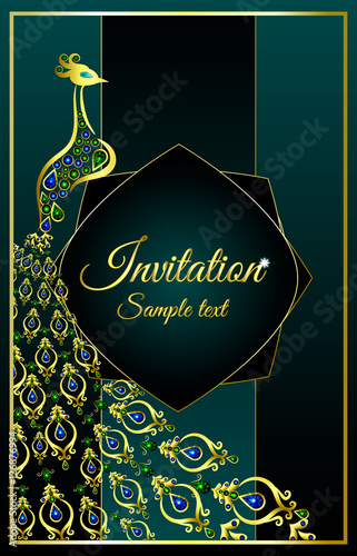Wedding invitation or card with a peacock jeweled on abstract background. Islam, Arabic, Indian, Dubai decoration with pattern