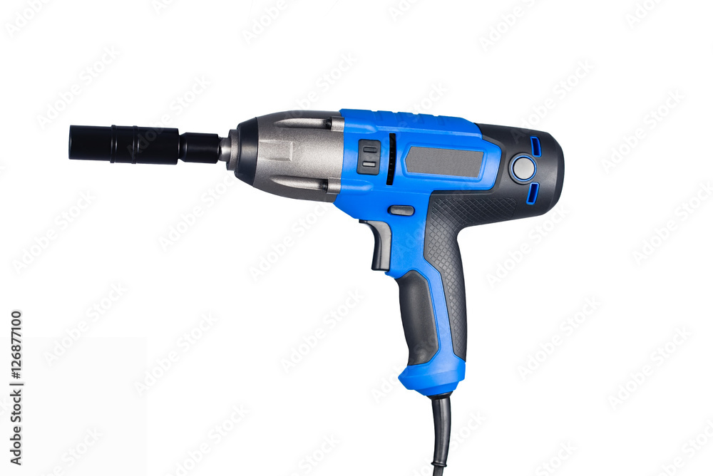 Blue impact gun with socket side view isolated on white Blue impact gun with socket side view isolated on white