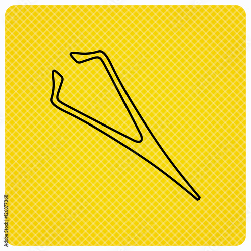 Eyebrow tweezers icon. Cosmetic equipment sign. Aesthetic beauty symbol. Linear icon on orange background. Vector