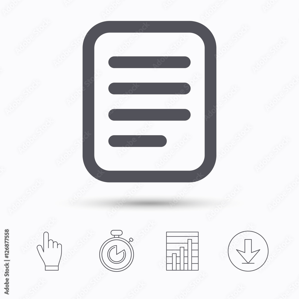File icon. Text document page symbol. Stopwatch timer. Hand click, report chart and download arrow. Linear icons. Vector File icon. Text document page symbol. Stopwatch timer. Hand click, report chart and download arrow. Linear icons. Vector