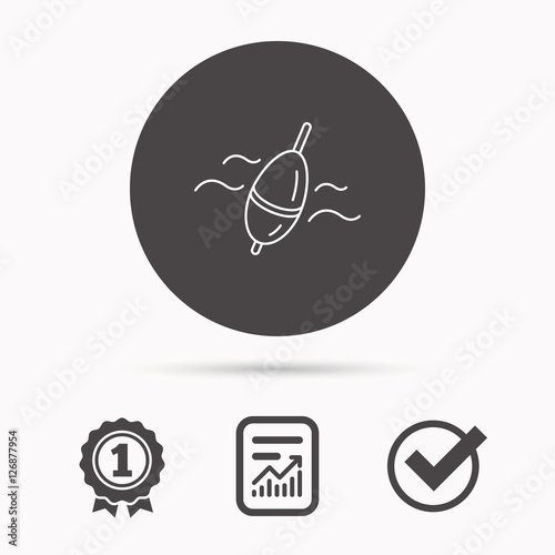Fishing float icon. Bobber in waves sign. Angling symbol. Report document, winner award and tick. Round circle button with icon. Vector