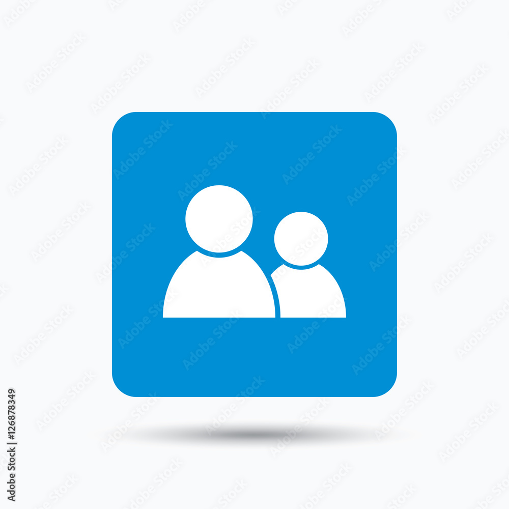 Friends icon. Group of people sign. Communication symbol. Blue square button with flat web icon. Vector Friends icon. Group of people sign. Communication symbol. Blue square button with flat web icon. Vector