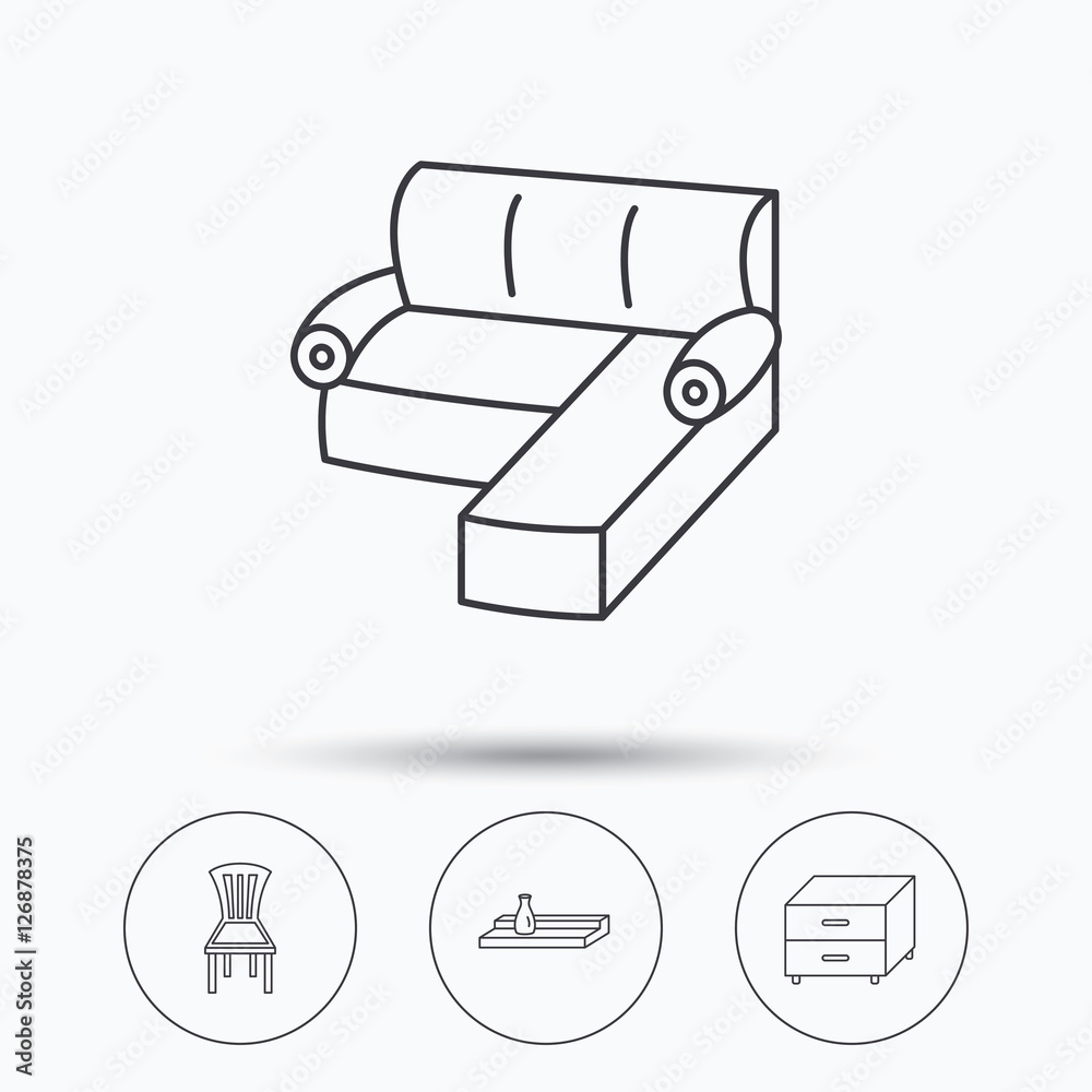 Obraz premium Corner sofa, nightstand and chair icons. Wall shelf linear sign. Linear icons in circle buttons. Flat web symbols. Vector