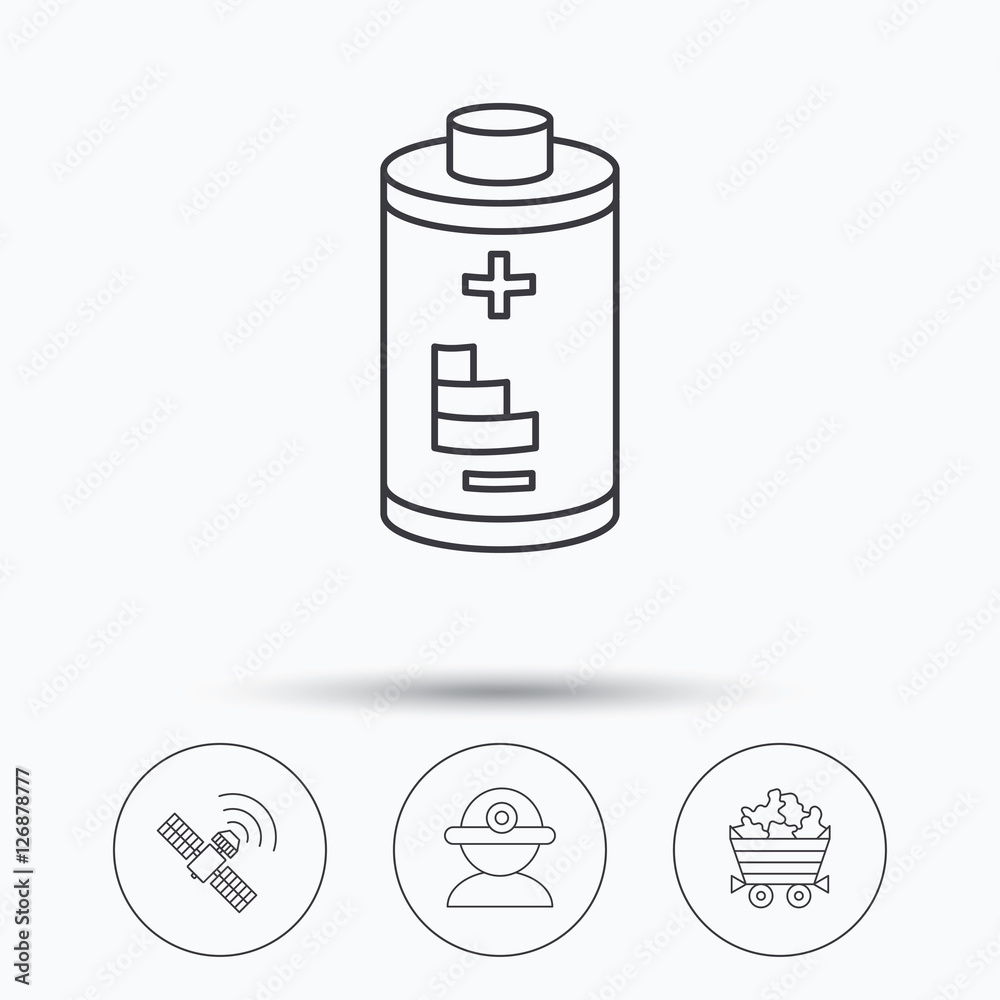 Worker, minerals and GPS satellite icons. Battery linear sign. Linear icons in circle buttons. Flat web symbols. Vector