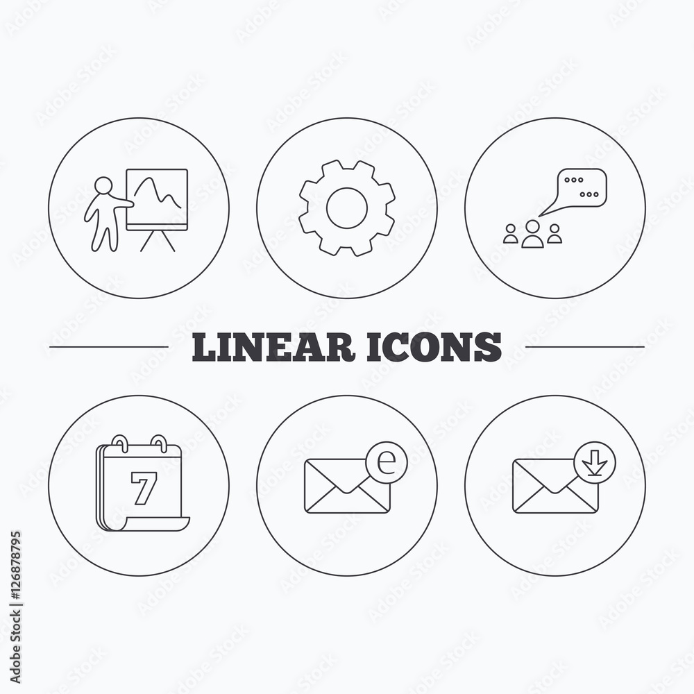 Mail, presentation and meeting chat bubbles icons. E-mail linear sign. Flat cogwheel and calendar symbols. Linear icons in circle buttons. Vector