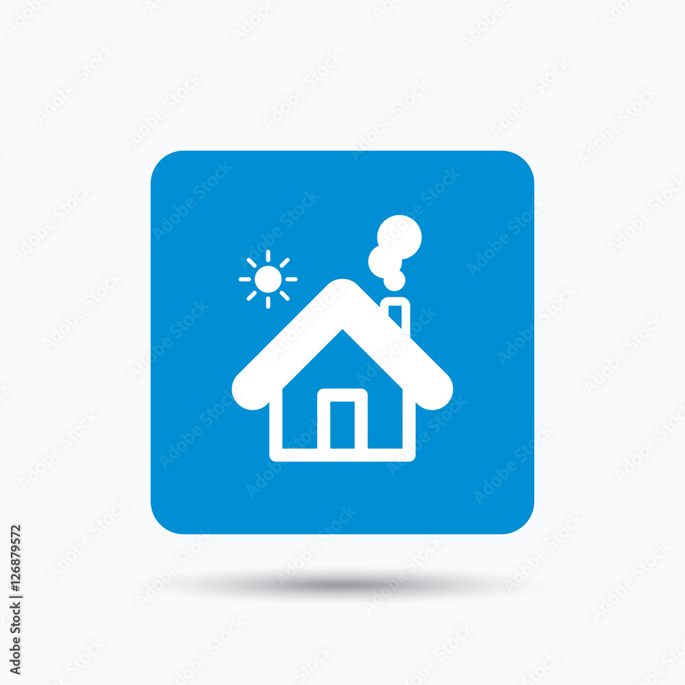 Home icon. House building symbol. Real estate construction. Blue square button with flat web icon. Vector Home icon. House building symbol. Real estate construction. Blue square button with flat web icon. Vector