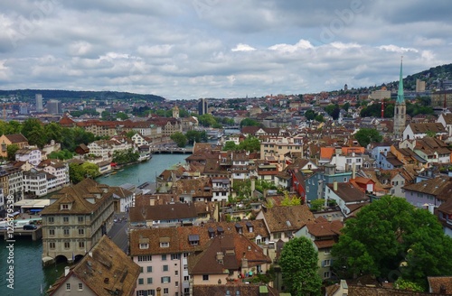 A landscape view of Zurich on the Limmat River and the Lake Zurich
