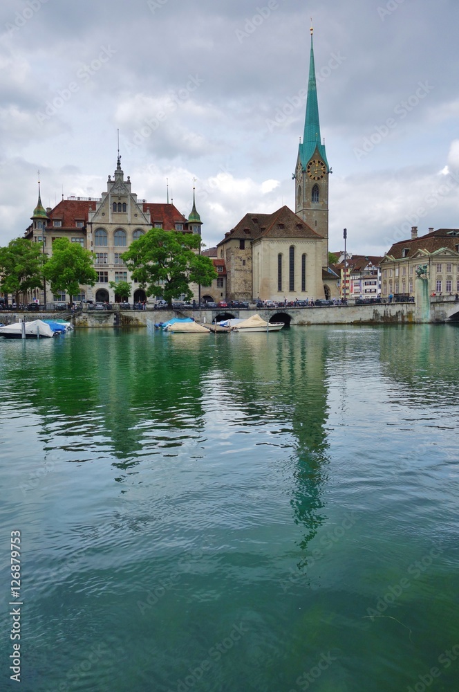 A landscape view of Zurich on the Limmat River and the Lake Zurich