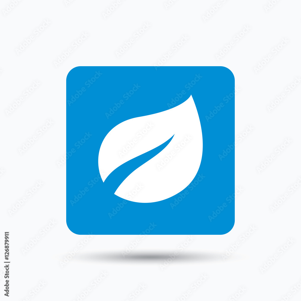 Leaf icon. Fresh organic product symbol. Blue square button with flat web icon. Vector Leaf icon. Fresh organic product symbol. Blue square button with flat web icon. Vector