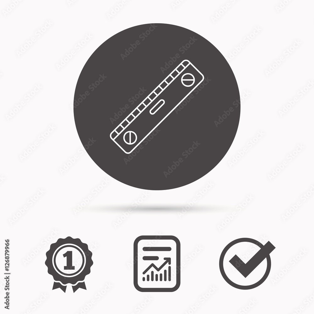 Level tool icon. Horizontal measurement sign. Report document, winner award and tick. Round circle button with icon. Vector Level tool icon. Horizontal measurement sign. Report document, winner award and tick. Round circle button with icon. Vector