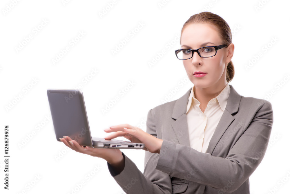Businesswoman with laptop isolated on white Businesswoman with laptop isolated on white