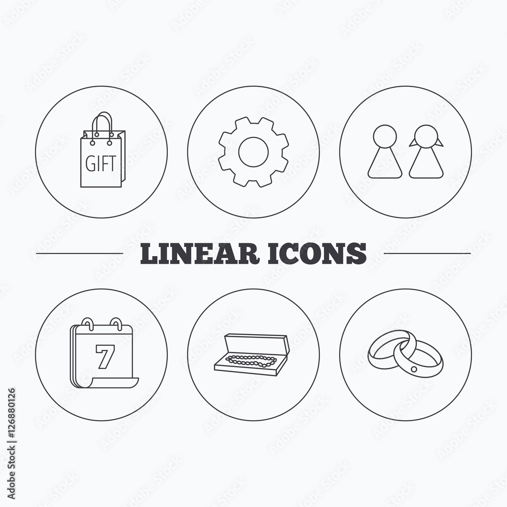 Couple, gift and wedding rings icons. Box with jewelry linear sign. Flat cogwheel and calendar symbols. Linear icons in circle buttons. Vector