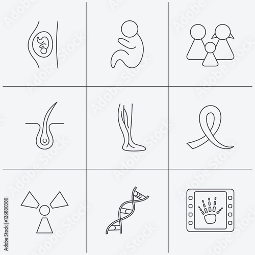 Pregnancy, pediatrics and family icons. Trichology, vein varicose and oncology awareness ribbon linear signs. Radiology, DNA icons. Linear icons on white background. Vector
