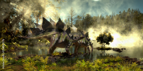 Stegosaurus in Swamp - Stegosaurus dinosaurs come down to a marsh for a drink of water in the Jurassic Period of North America.