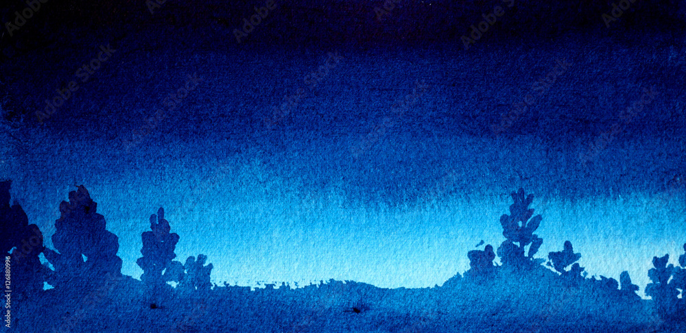 watercolor landscape of trees at dusk