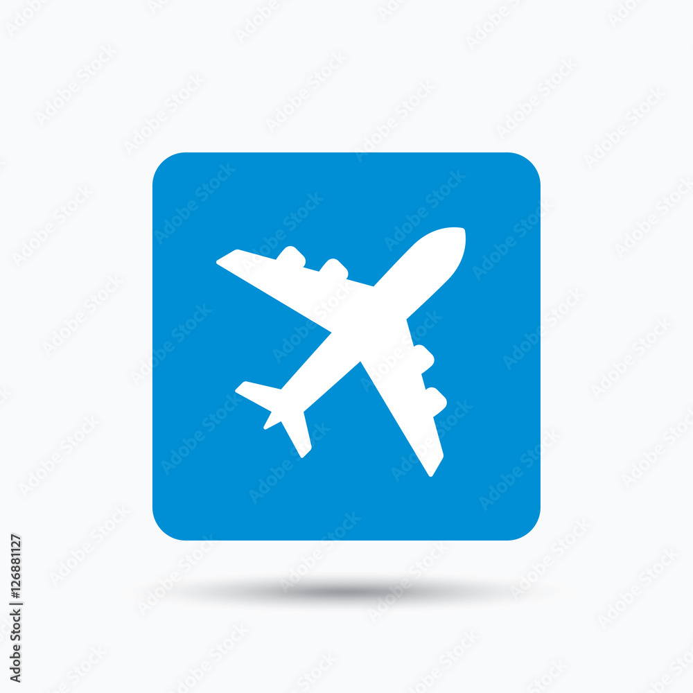 Plane icon. Flight transport symbol. Blue square button with flat web icon. Vector