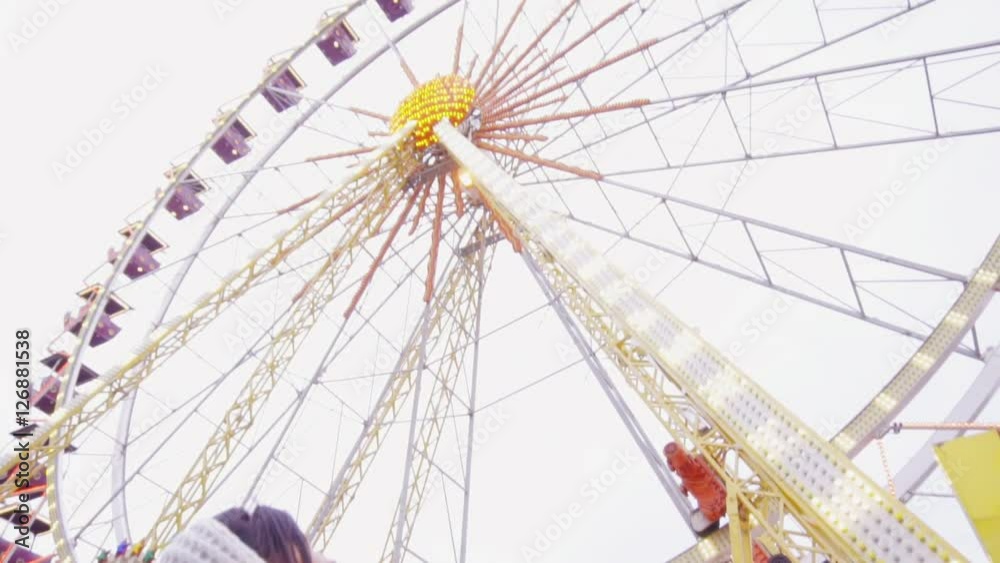 Beautiful brunette girl looking at observation wheel Beautiful brunette girl looking at observation wheel