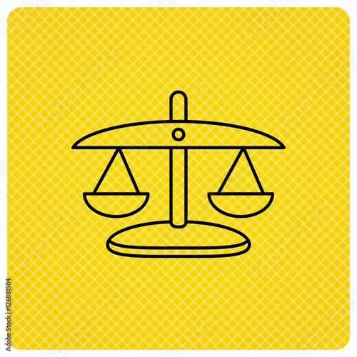 Scales of Justice icon. Law and judge sign. Measurement tool symbol. Linear icon on orange background. Vector