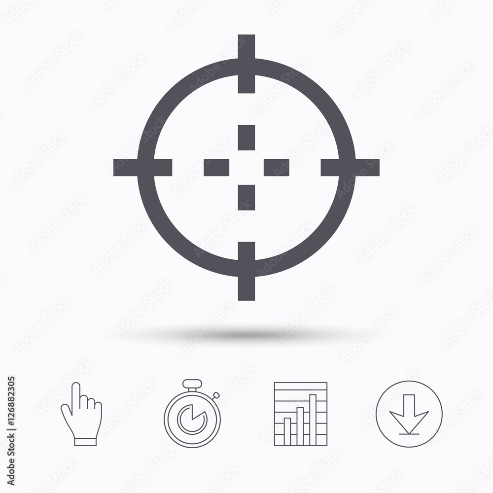 Target icon. Crosshair aim symbol. Stopwatch timer. Hand click, report chart and download arrow. Linear icons. Vector Target icon. Crosshair aim symbol. Stopwatch timer. Hand click, report chart and download arrow. Linear icons. Vector