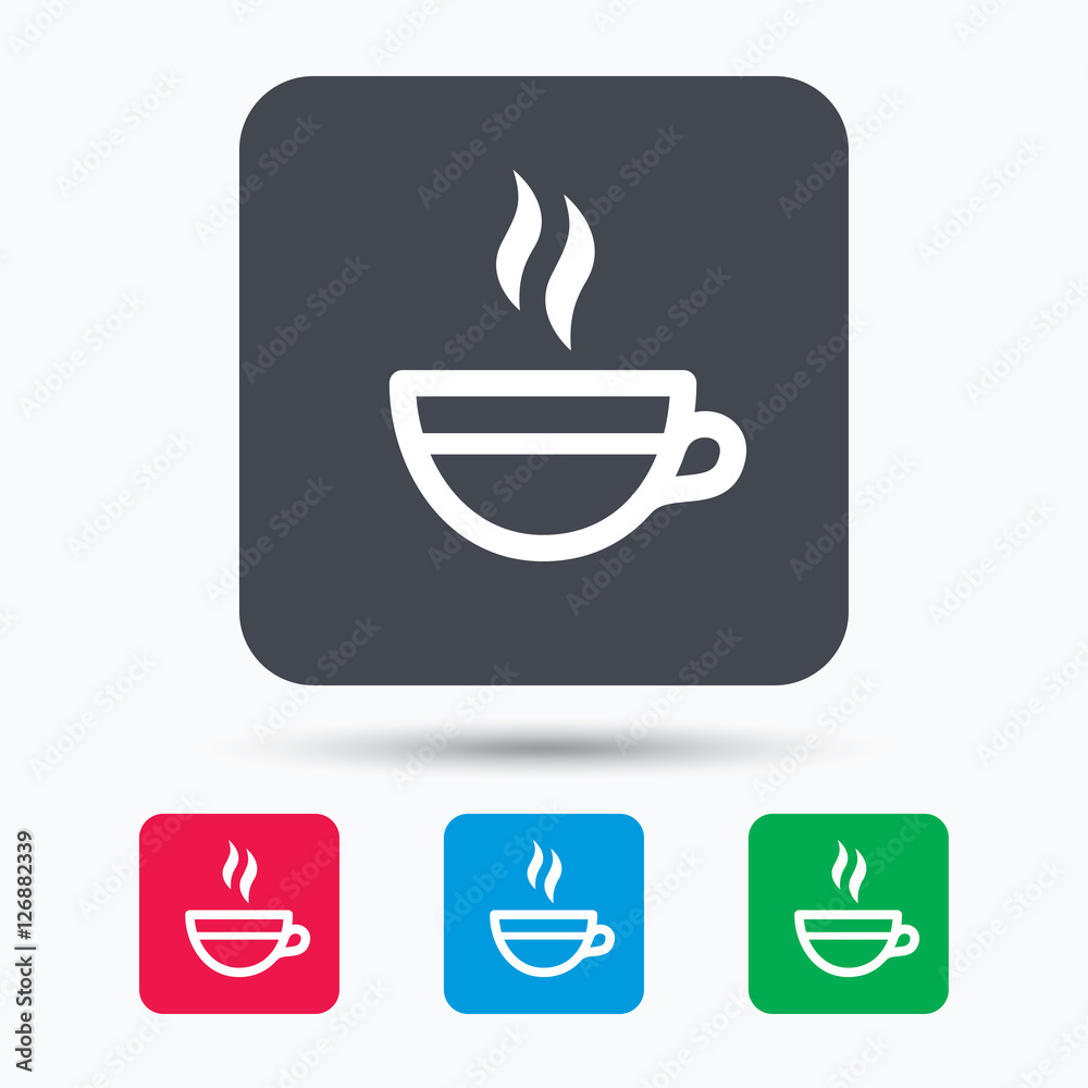Tea cup icon. Hot coffee drink symbol. Colored square buttons with flat web icon. Vector