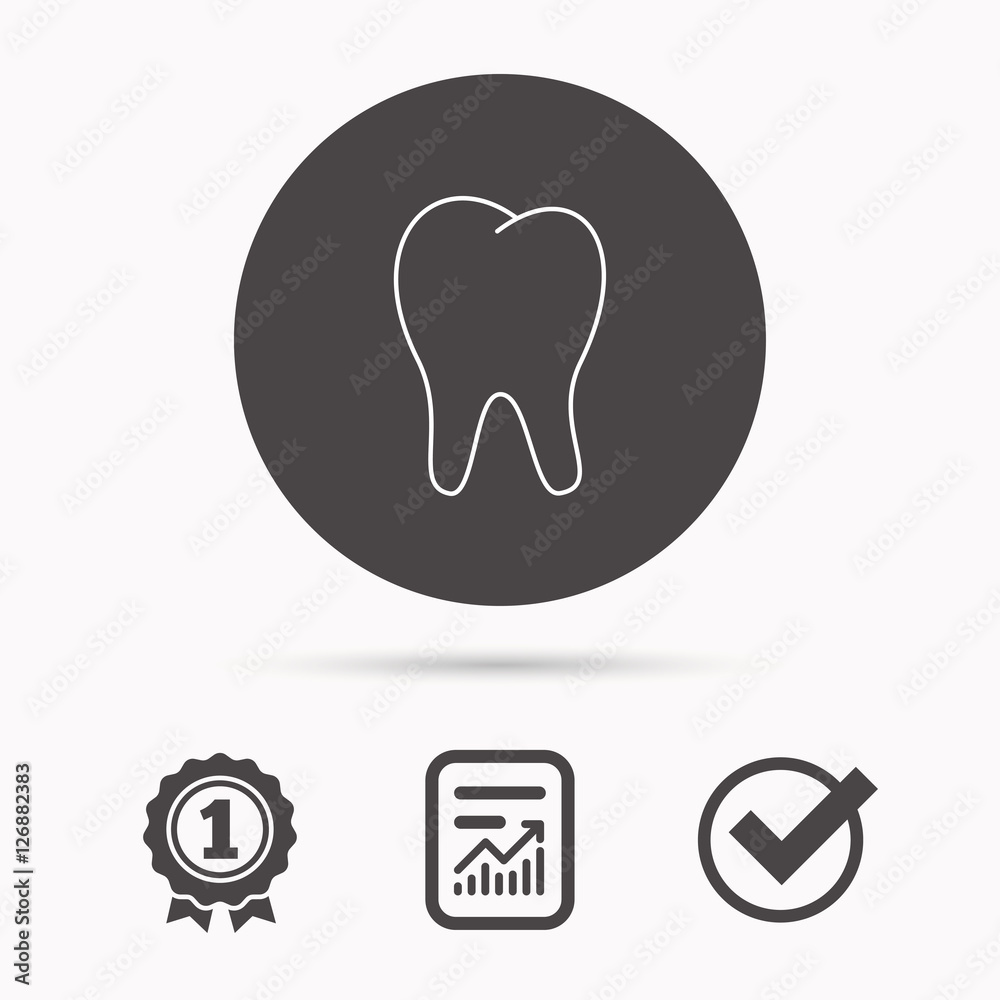 Tooth icon. Stomatology sign. Dental care symbol. Report document, winner award and tick. Round circle button with icon. Vector Tooth icon. Stomatology sign. Dental care symbol. Report document, winner award and tick. Round circle button with icon. Vector