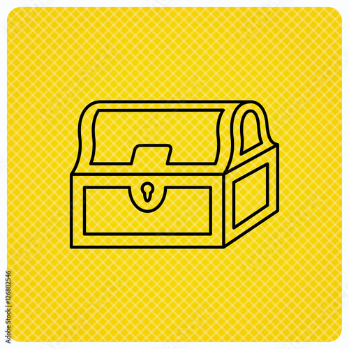 Treasure chest icon. Piratic treasury sign. Wealth symbol. Linear icon on orange background. Vector