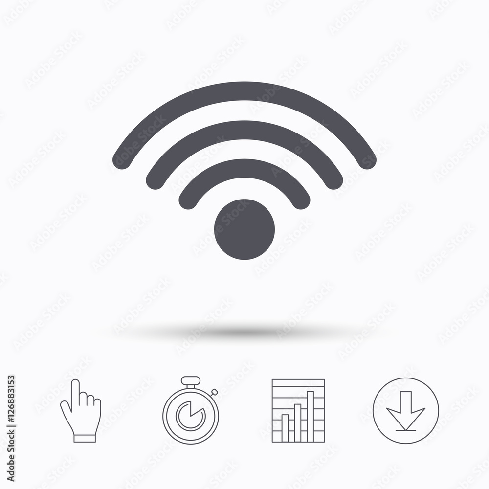 Wifi icon. Wireless internet sign. Communication technology symbol. Stopwatch timer. Hand click, report chart and download arrow. Linear icons. Vector Wifi icon. Wireless internet sign. Communication technology symbol. Stopwatch timer. Hand click, report chart and download arrow. Linear icons. Vector