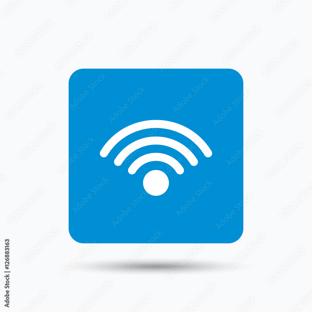 Wifi icon. Wireless internet sign. Communication technology symbol. Blue square button with flat web icon. Vector Wifi icon. Wireless internet sign. Communication technology symbol. Blue square button with flat web icon. Vector