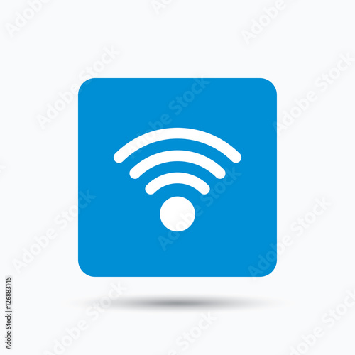 Wifi icon. Wireless internet sign. Communication technology symbol. Blue square button with flat web icon. Vector