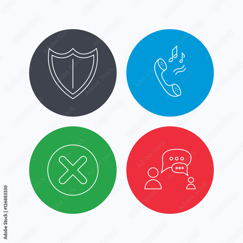 Phone ringtone, delete and chat speech bubble icons. Shield linear sign. Linear icons on colored buttons. Flat web symbols. Vector Phone ringtone, delete and chat speech bubble icons. Shield linear sign. Linear icons on colored buttons. Flat web symbols. Vector