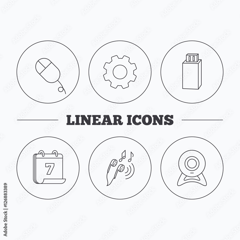 Web camera, USB flash and PC mouse icons. Headphones linear sign. Flat cogwheel and calendar symbols. Linear icons in circle buttons. Vector Web camera, USB flash and PC mouse icons. Headphones linear sign. Flat cogwheel and calendar symbols. Linear icons in circle buttons. Vector