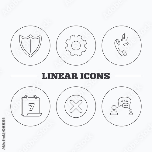 Phone ringtone, delete and chat speech bubble icons. Shield linear sign. Flat cogwheel and calendar symbols. Linear icons in circle buttons. Vector