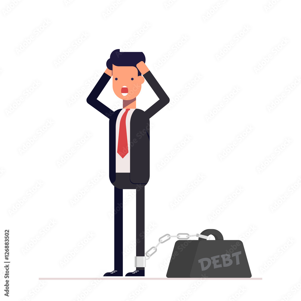 Businessman or manager holds hands behind his head. Man chain attached to the weight. Financial, credit debt. Vector, illustration EPS10. Businessman or manager holds hands behind his head. Man chain attached to the weight. Financial, credit debt. Vector, illustration EPS10.