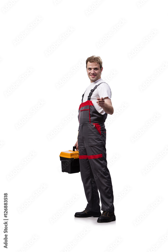 Young construction worker wearing coveralls isolated on white Young construction worker wearing coveralls isolated on white