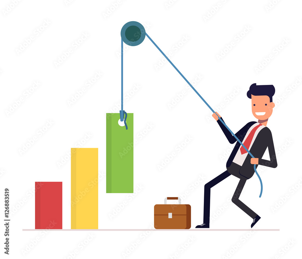 Concept of financial growth. Businessman or manager pulls the rope rising income. Smiling man in a business suit. Vector, illustration EPS10 Concept of financial growth. Businessman or manager pulls the rope rising income. Smiling man in a business suit. Vector, illustration EPS10