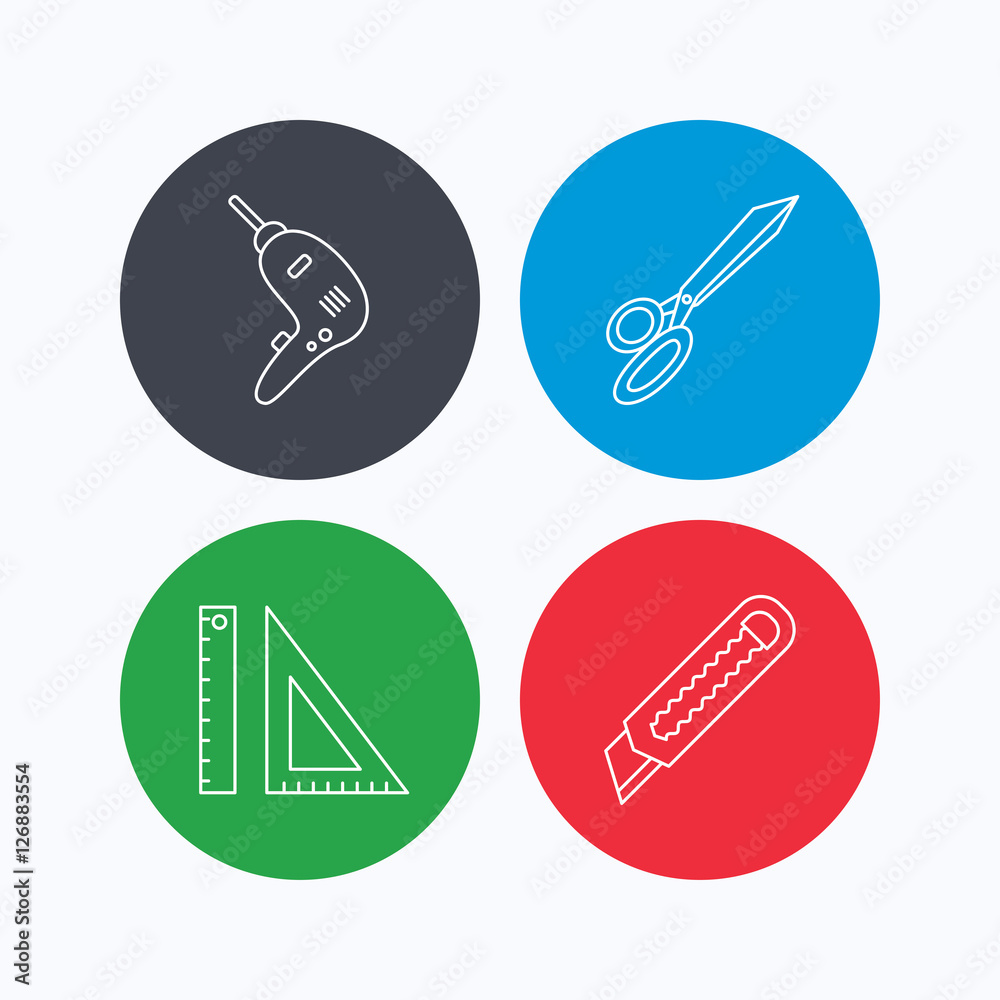 Paper knife, school supplies and scissors icons. Drill tool linear sign. Linear icons on colored buttons. Flat web symbols. Vector Paper knife, school supplies and scissors icons. Drill tool linear sign. Linear icons on colored buttons. Flat web symbols. Vector