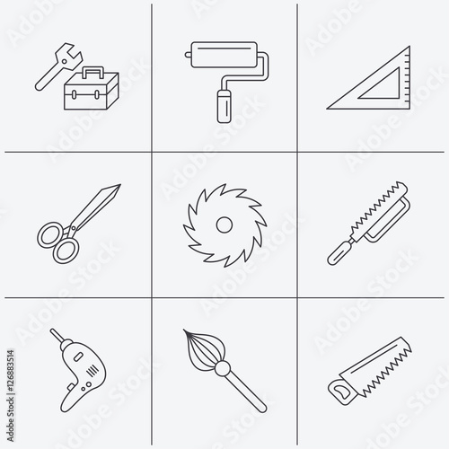 Scissors, paint roller and repair tools icons. Fretsaw, circular saw and brush linear signs. Triangular rule, drill icons. Linear icons on white background. Vector