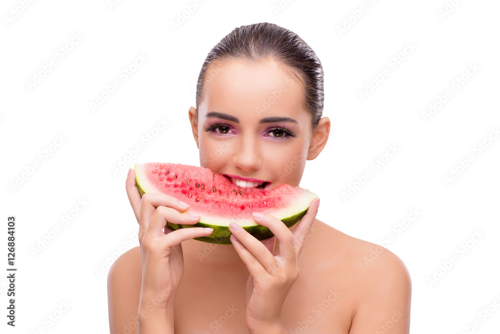Beautiful woman with watermelon isolated on white Beautiful woman with watermelon isolated on white