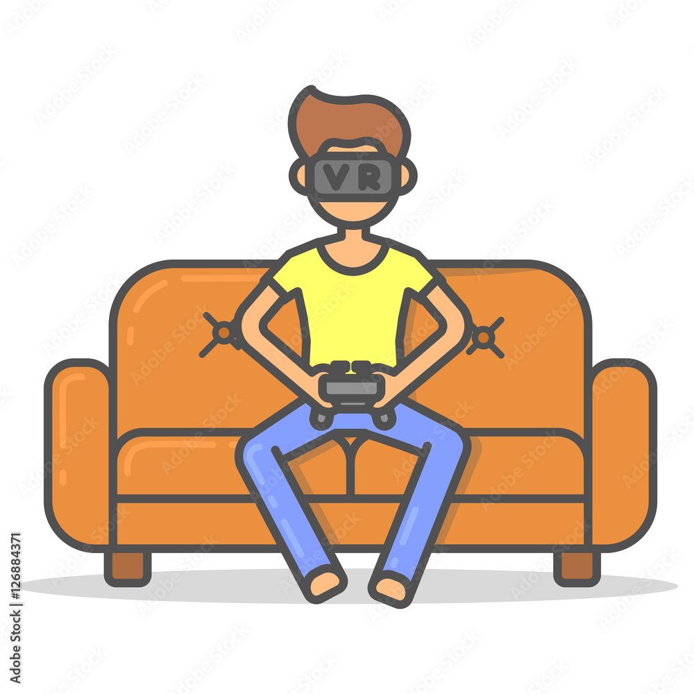 Man play in virtual reality glasses on couch in room flat style. Vector character in vr near sofa line illustration. Man play in virtual reality glasses on couch in room flat style. Vector character in vr near sofa line illustration.