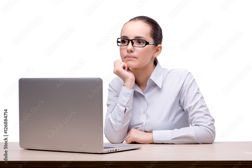 Businesswoman working at her desk on white background Businesswoman working at her desk on white background