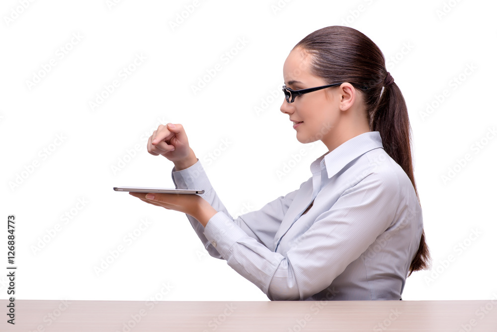 Businesswoman working on tablet computer on white background Businesswoman working on tablet computer on white background