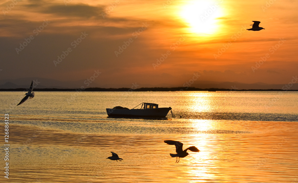 Fototapeta premium Fishing boat on the sea at sunset. Seagulls flying on the sea.