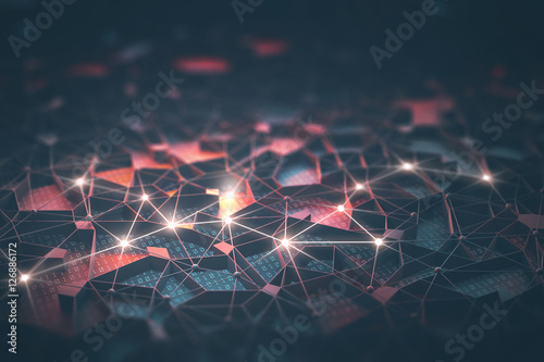 Artificial intelligence, connections and nucleus in concept of interconnected neurons. Abstract background with binary numbers, neural network and cloud computing.