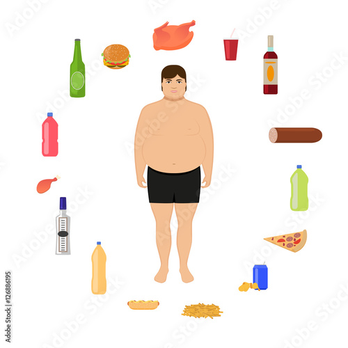 Vector cartoon fat man and unhealthy food